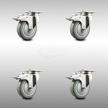 Service Caster 4 Inch 316SS Gray Polyurethane Swivel Top Plate Caster Set Total Lock Brake SCC SCC-SS316TTL20S414-PPUB-4